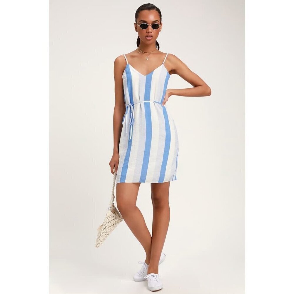Lulu’s Life's a Breeze Blue Striped Sleeveless Sheath Dress Size Large - Picture 7 of 9